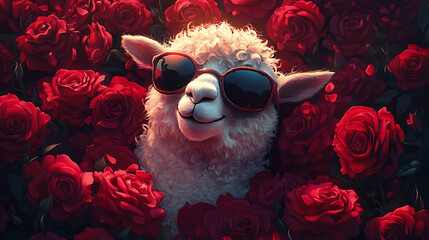 A cheerful alpaca wearing sunglasses sits in blooming roses, smiling playfully as petals swirl through the air, radiating humor and whimsical charm.