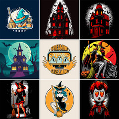 Nine spooky halloween illustrations witches haunted houses and more