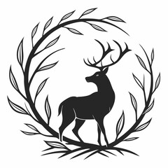 Monochromatic Deer and Branches Circle Logo - Nature & Wildlife Emblem

