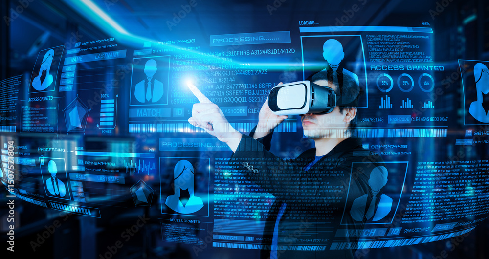 Poster project manager pointing security system hologram and standing at futuristic office with blue glowin