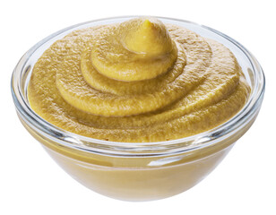 Mustard sauce in glass bowl on white background. Front view. File contains clipping path.