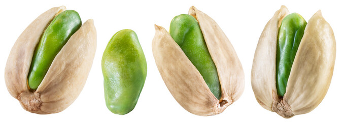 Green pistachio nuts with pistachio shell isolated on a white background.