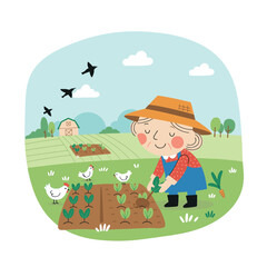 Fototapeta premium Whimsical Farm Scene Illustration with Cheerful Farmer and Chickens