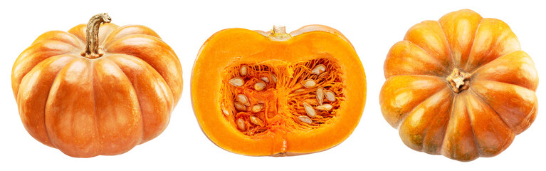 Orange round pumpkins and pumpkin slices and seeds isolated on white background.