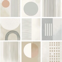 Modern neutral abstract patterns set in geometric and organic forms. Minimalist design ideal for home decor, wall art, packaging, and branding in soft beige, gray, and black tones.
