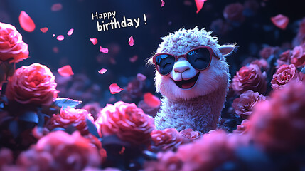 Happy Alpaca wearing sunglasses surrounded by roses wishing you a happy birthday