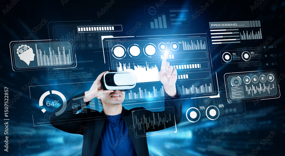 Poster smart business man with goggles working while using ai technology. manager accessing at global netwo