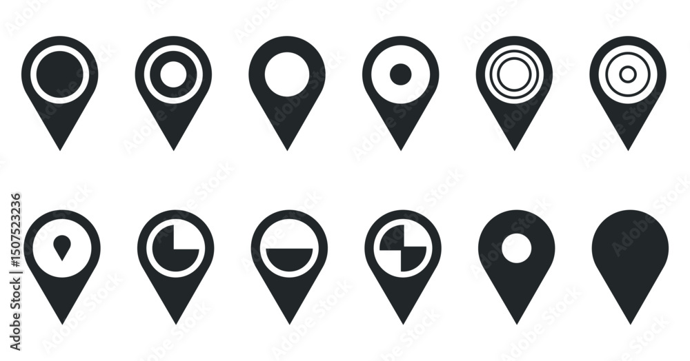 Poster set of location pin icons with different designs vector illustration of map markers navigation symbo