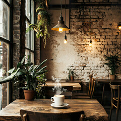 Loft cafe interior with steaming coffee on a wooden table, Edison bulbs, and lush plants by sunlit windows. 
