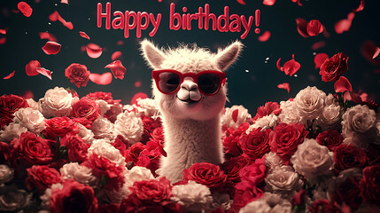 Alpaca wearing sunglasses surrounded by roses in a funny birthday scene with flying petals
