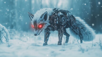 Obraz premium Wolf with red eyes standing in the snow during winter season landscape