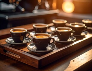 Plusieurs expresso dans des tasses avec soucoupes posées sur un plateau de bois dans un bar. Custom AI Model