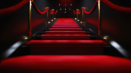 Red carpet entrance with golden barriers and velvet ropes for glamorous events or prestigious award shows