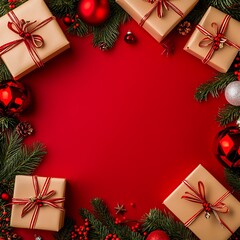 Christmas gifts and ornaments arranged on a red background.
