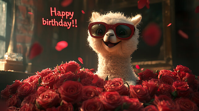 Alpaca wearing sunglasses surrounded by roses in a funny birthday scene with flying petals and a big smile