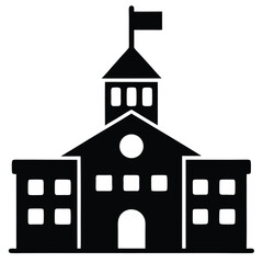 Silhouette of a Classical Building with Flag and Architectural Features, Flat Design Style