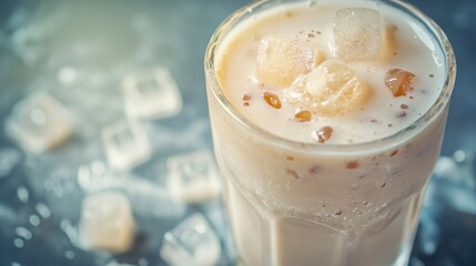 Vanilla Protein Shake in a Glass with Ice Cubes