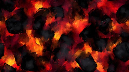 Fototapeta premium Textured smoldering coals with fiery cracks and ash detail, ideal for fantasy settings, volcano art, or energy concepts.