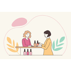 Vector artwork of a nail technician doing manicure in soft pink and beige tones, clean shapes and modern beauty theme
