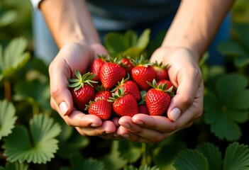 Hands gently picking plump, red strawberries from the plant, showcasing freshness and abundance.