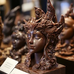 Intricate chocolate sculpture of a female head.