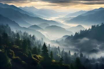 A misty morning in the mountains, where the trees emerge from the fog like ancient guardians