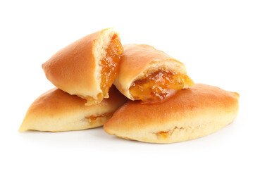 Tasty baked patties with orange jam isolated on white