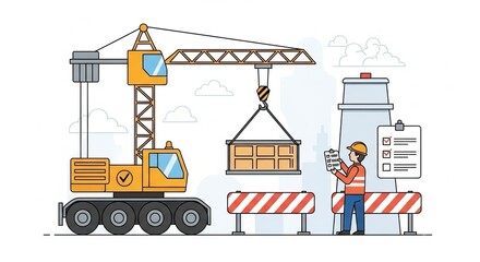 Fototapeta premium Safety comes first - A flat vector illustration depicts a crane lifting an object, showcasing industrial activity in a vibrant and modern design suitable for various purposes.