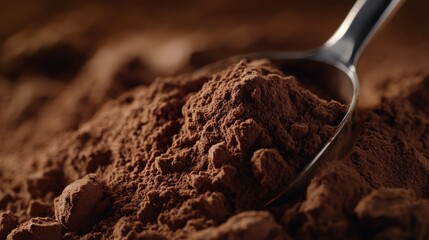 Chocolate Protein Powder Heap with Measuring Spoon