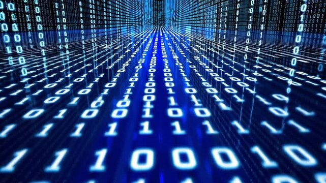 Futuristic digital landscape of binary code flows in blue tones, enhancing technology and connectivity while representing abstract data and numbers in modern environment.