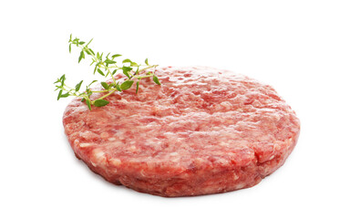Fresh raw patty for burger and thyme isolated on white
