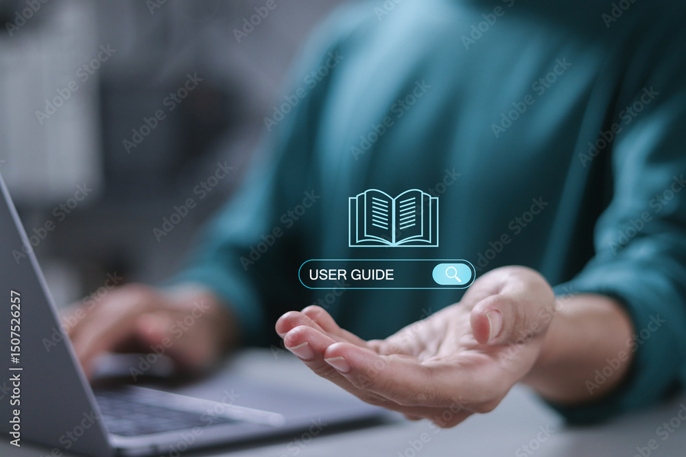 Poster user manual guide, online instruction manual and strategy advice. businessman using laptop to search