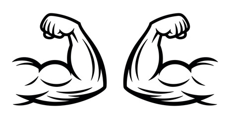 Two Muscular Arms Flexing in Black and White Symbolizing Strength Fitness and Power Isolated on a Clean White Background