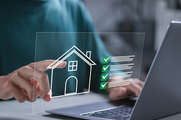 Naklejka na ściany i meble Real estate business management concept. Property analysis and checklist. Buy and sell houses and real estate online. Mortgage loan home and insurance real property mortgage. business real estate.