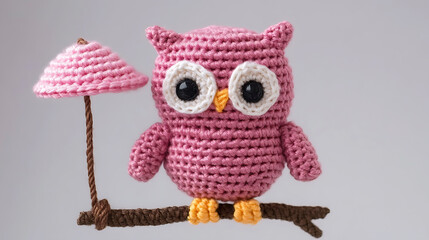 Whimsical crocheted owl perched on a yarn branch with a matching lamp, handmade craft, fiber art, cute owl, decor, pink, white, brown, yellow