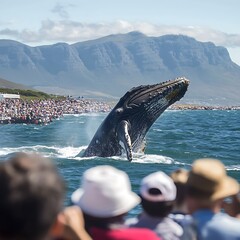 Humpback whale breaching in front of large crowd of spectators.