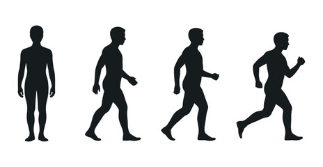 Progression of Human Movement Black Silhouettes Standing Walking Fast Walking and Running on White Background for Anatomy Exercise and Athleticism Concepts and Designs