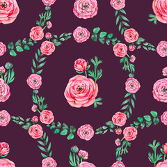 Mothers Day pink peonies buttercup flowers with eucaluptus leaves watercolor seamless pattern on white. Floral garden roses repeat background for spring wedding design and fabrics