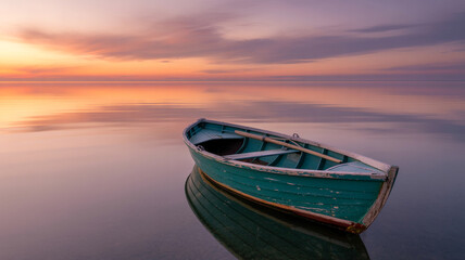 Naklejka premium Tranquil scene of a turquoise boat floating on calm water at sunset