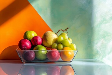 Bowl of assorted fresh fruit on a wooden table in natural light setting