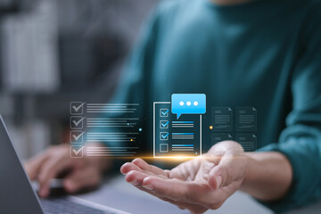 Checklist document concept, Quiz question answering, online survey form completion corporate.
