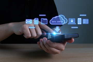 business people using smartphone backup file with digital graphic icon, download and upload file, cloud computing, backup storage management, artificial intelligence, cloud storage technology concept