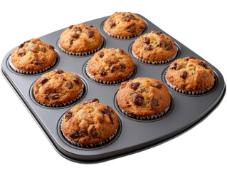 A mouthwatering array of freshly baked muffins with delectable chocolate chips sits invitingly in a baking tray, ready to be savored.