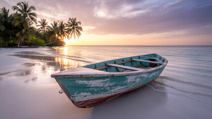 Obraz premium Tropical beach scene with a wooden boat at sunset under a dramatic sky