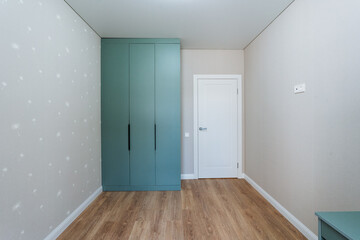 The room is bare of furniture and decor, except for a striking green wardrobe that contrasts with the plain walls and a white door, enhancing the spaces simplicity and elegance