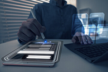 Man signing electronic document with stylus pen on virtual screen above tablet computer, closeup