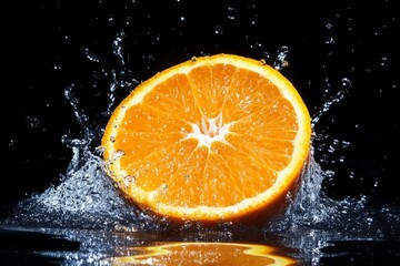 Half of an orange being dropped into clear water creating splashes and ripples