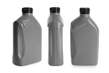 Plastic canister on white background, collage. View from different sides