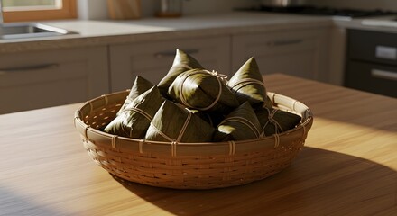 A bamboo basket of zongzi with lotus leaf ties on a kitchen table