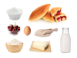 Baked patties and ingredients isolated on white, set